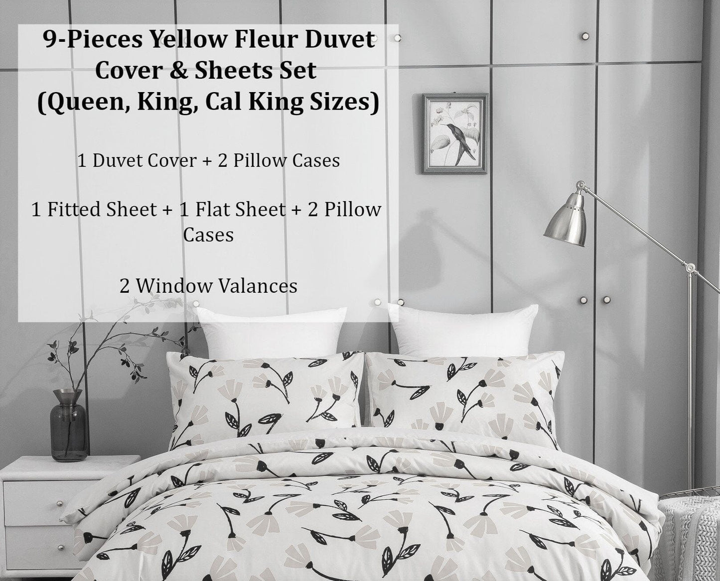 DaDa Bedding Yellow Fleur Golden Orange Botanical Ivory Duvet Cover & Fitted Flat Bed Sheets Set w/ Pillow Cases Window Valances (18112)
