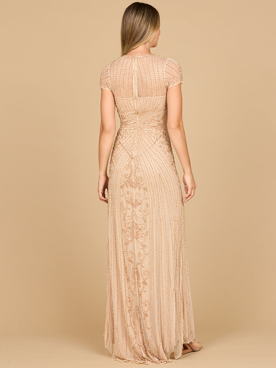 Lara 28869 - Beaded Cap Sleeve Illusion Plunge Gown
