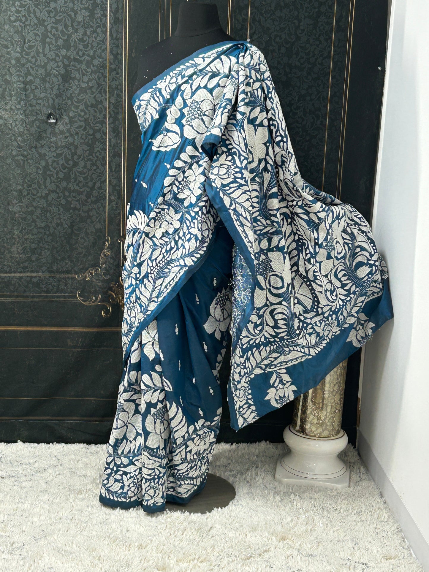 Kantha silk saree : fall pico done