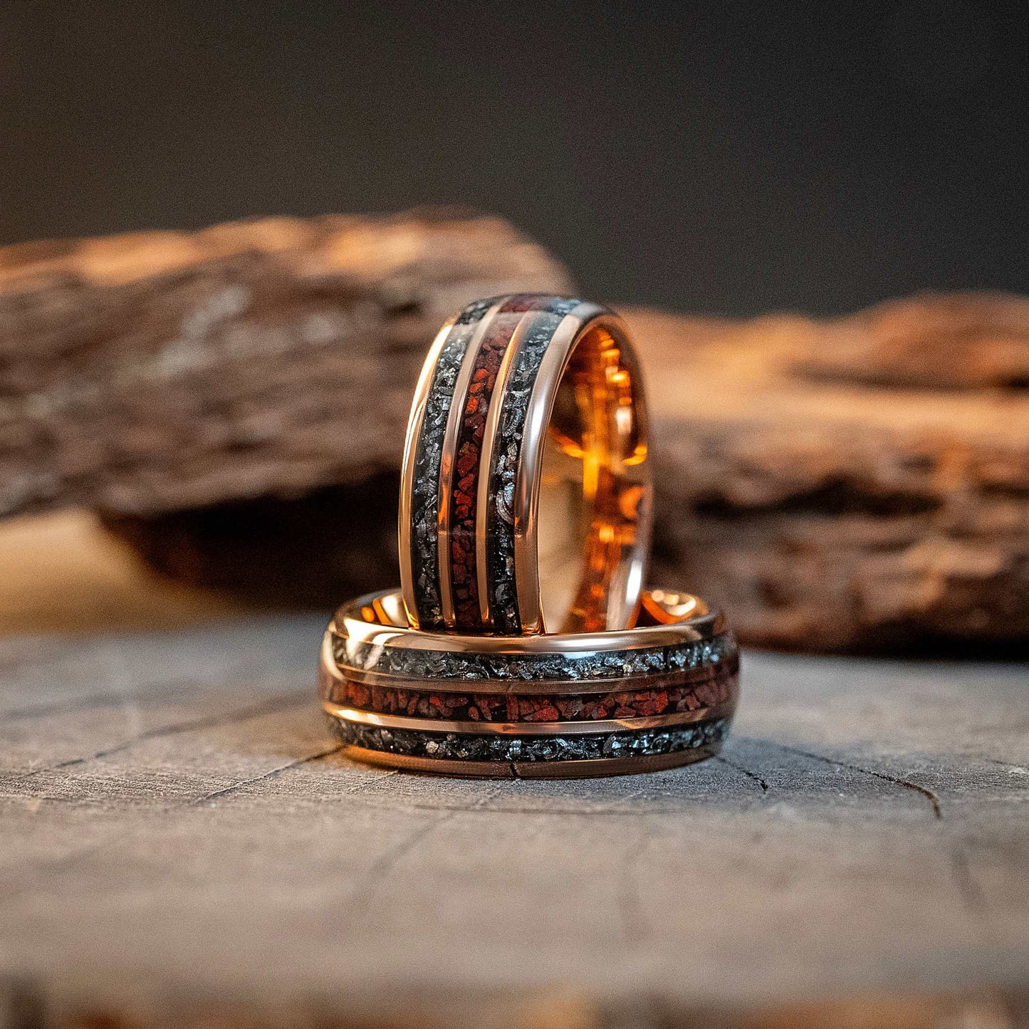Rose Gold Meteorite Dinosaur Bone Tungsten Carbide Ring