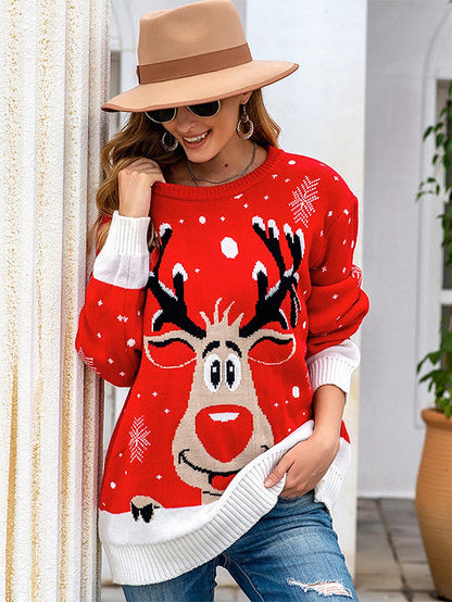 Oversized Christmas Reindeer Jacquard Knit Sweater | NCS