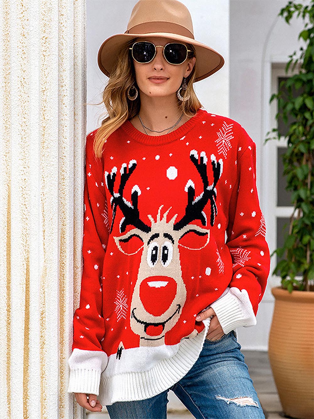 Oversized Christmas Reindeer Jacquard Knit Sweater | NCS