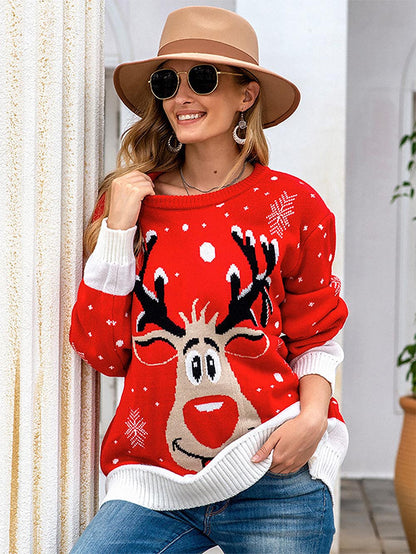 Oversized Christmas Reindeer Jacquard Knit Sweater | NCS