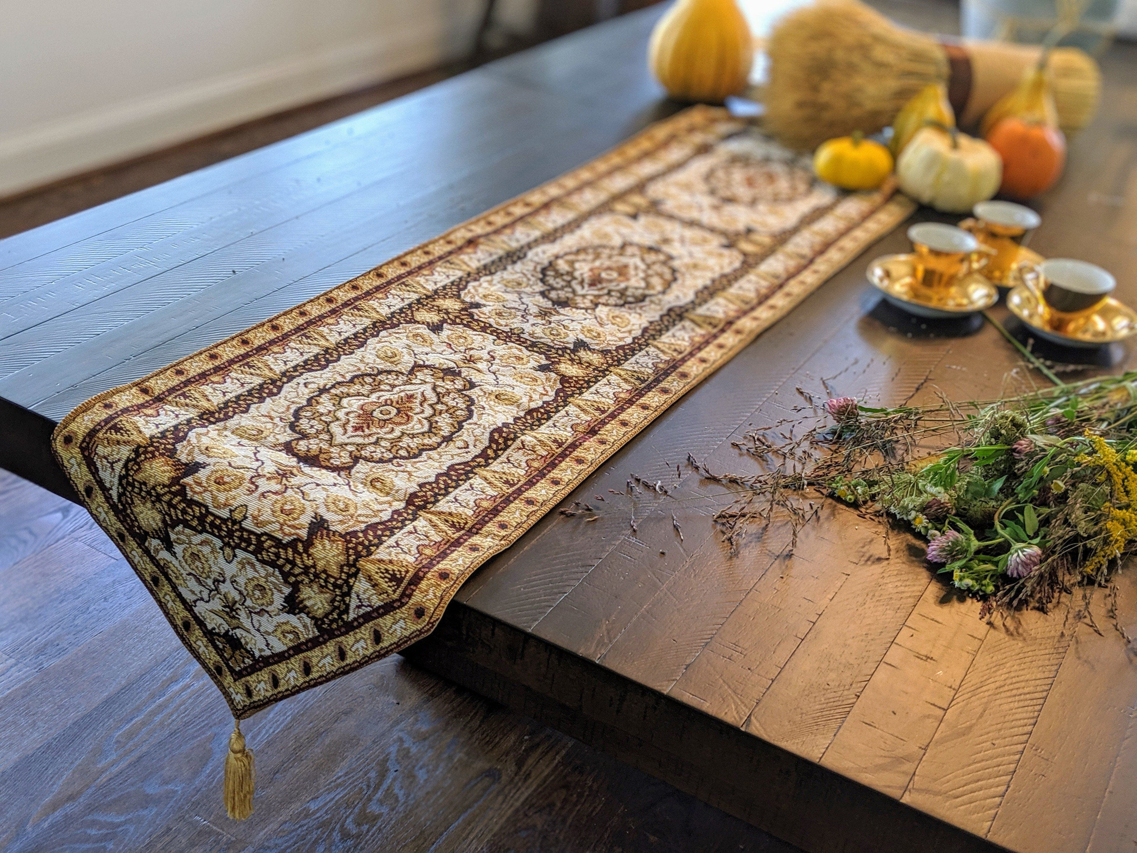 DaDa Bedding Golden Persian Style Rug Floral Brown Elegant Woven Tapestry Dining Table Runner (18119)