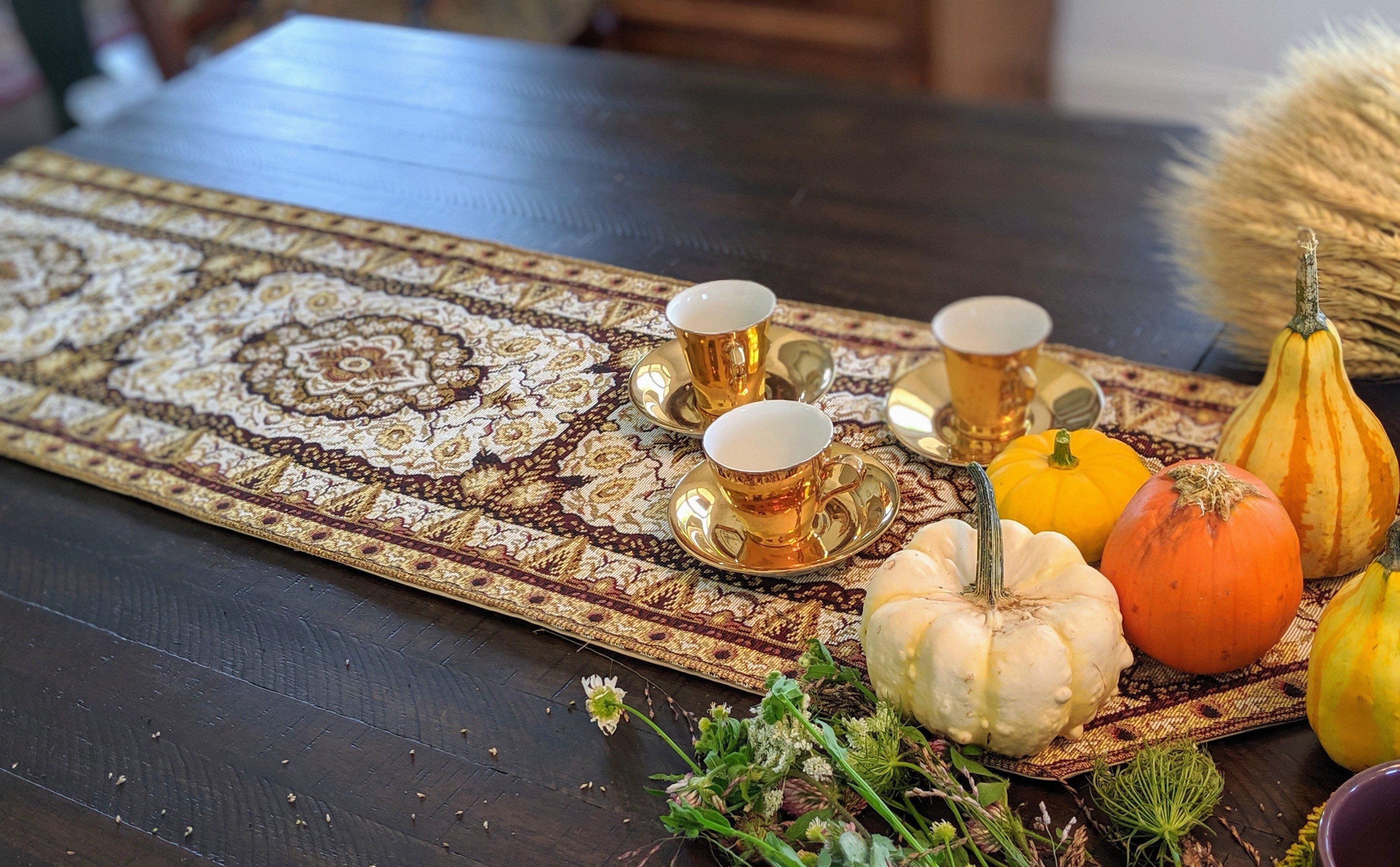 DaDa Bedding Golden Persian Style Rug Floral Brown Elegant Woven Tapestry Dining Table Runner (18119)