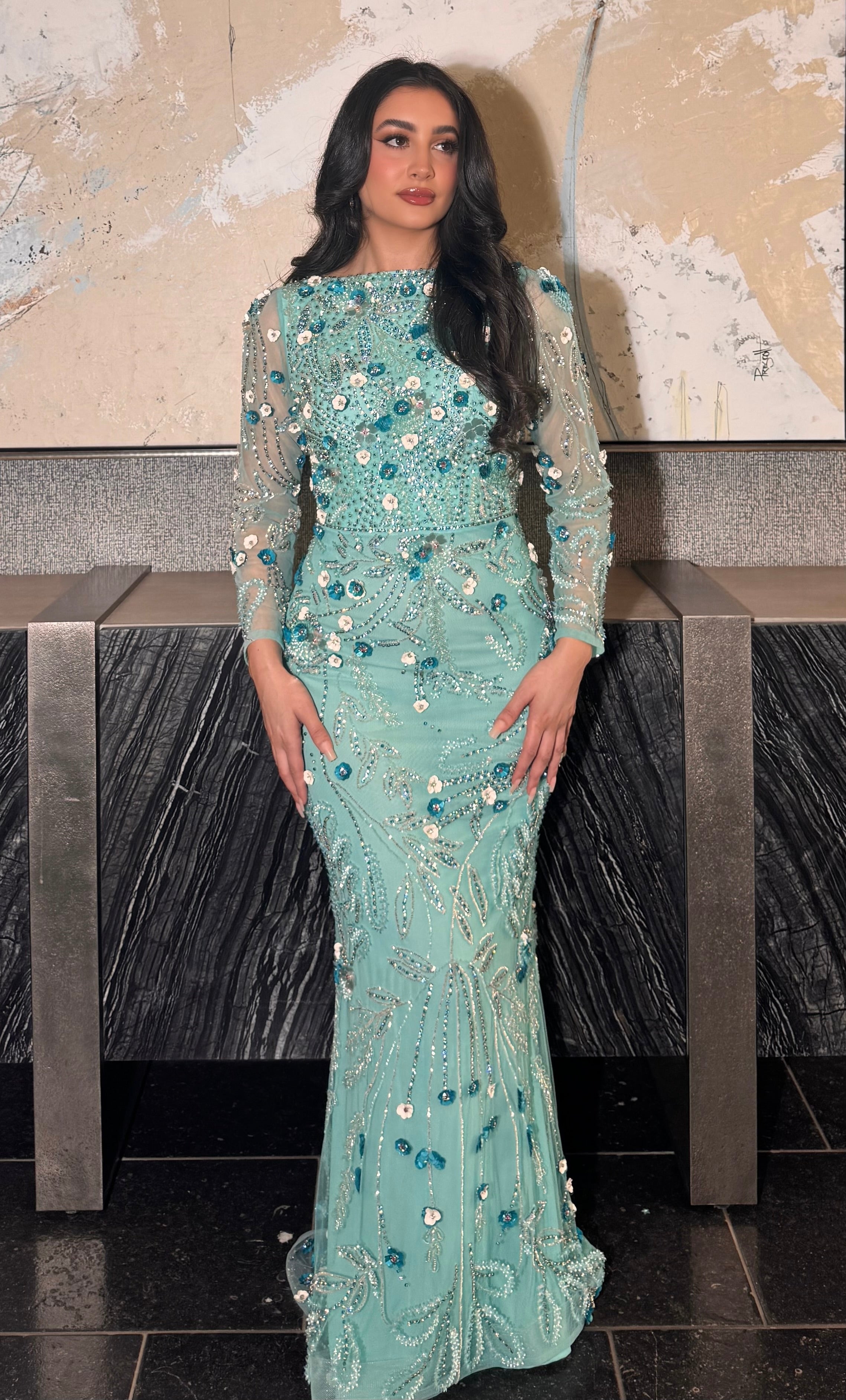 Raihana Long Sleeve High Neck Floral Sequin Embellished Modest Evening Dress