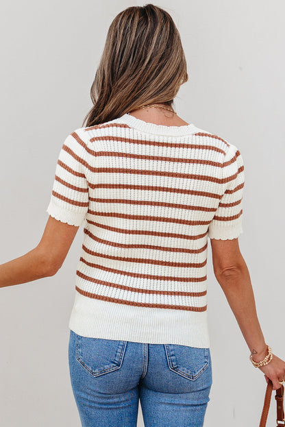 Eloise Stripe Scalloped Round Neck Short Sleeve Sweater