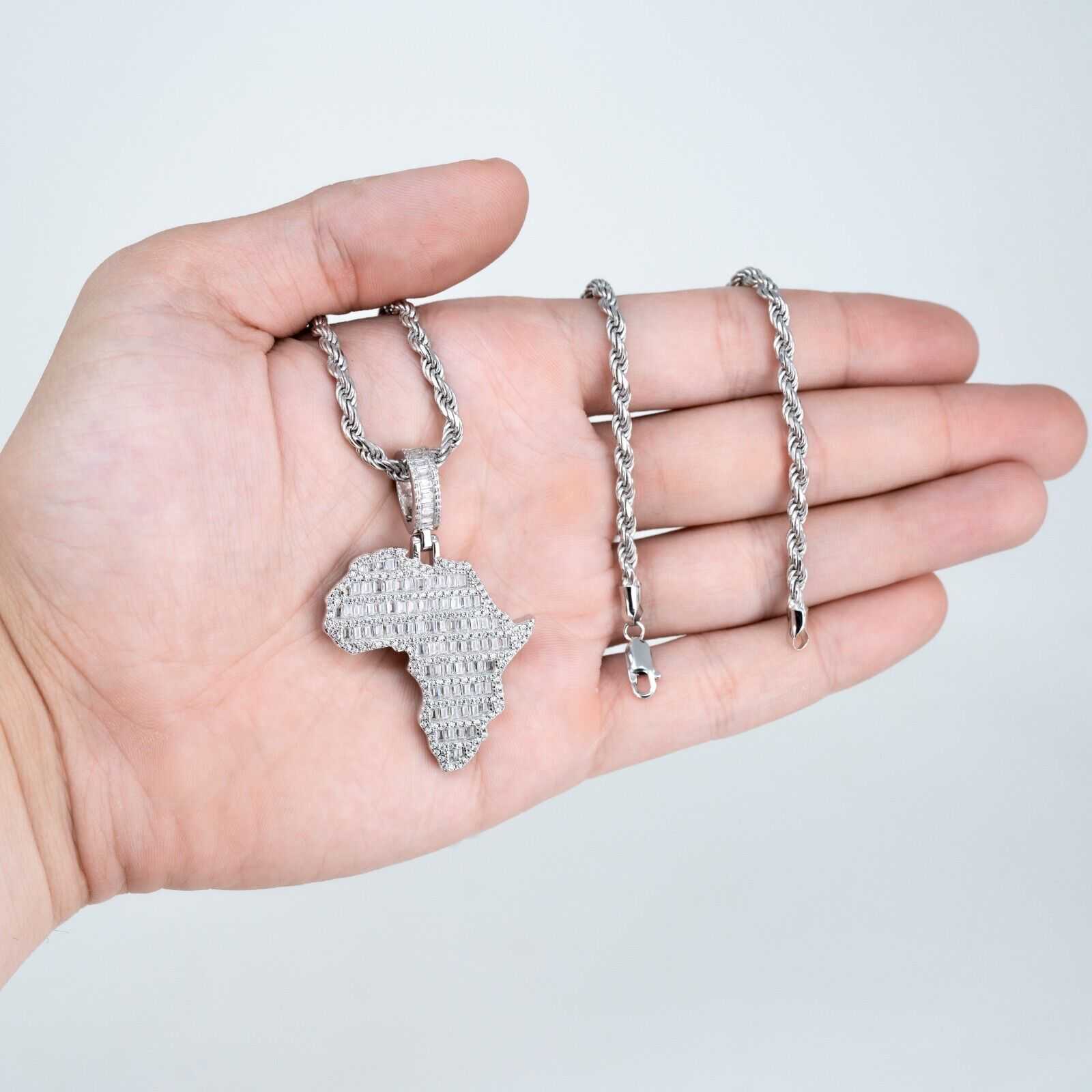 Mens Real 925 Sterling Silver Africa Iced CZ Pendant w 3.3mm Rope Chain Necklace