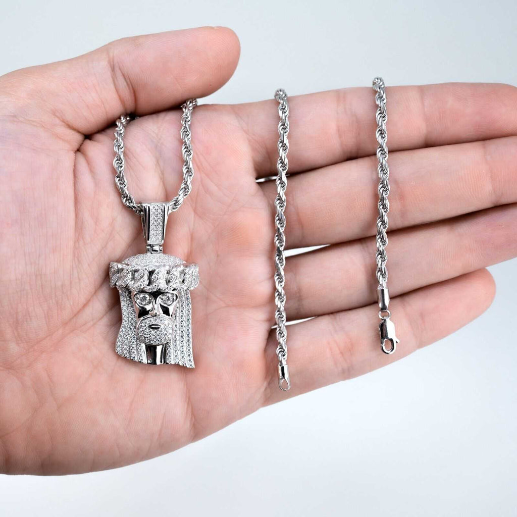 Unisex Moissanite Jesus Head Piece Pendant 3.3mm Rope Chain Necklace 925 Silver