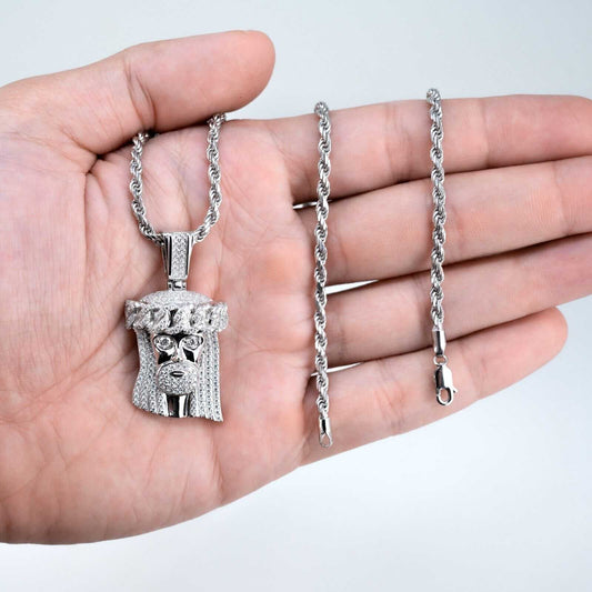 Unisex Moissanite Jesus Head Piece Pendant 3.3mm Rope Chain Necklace 925 Silver