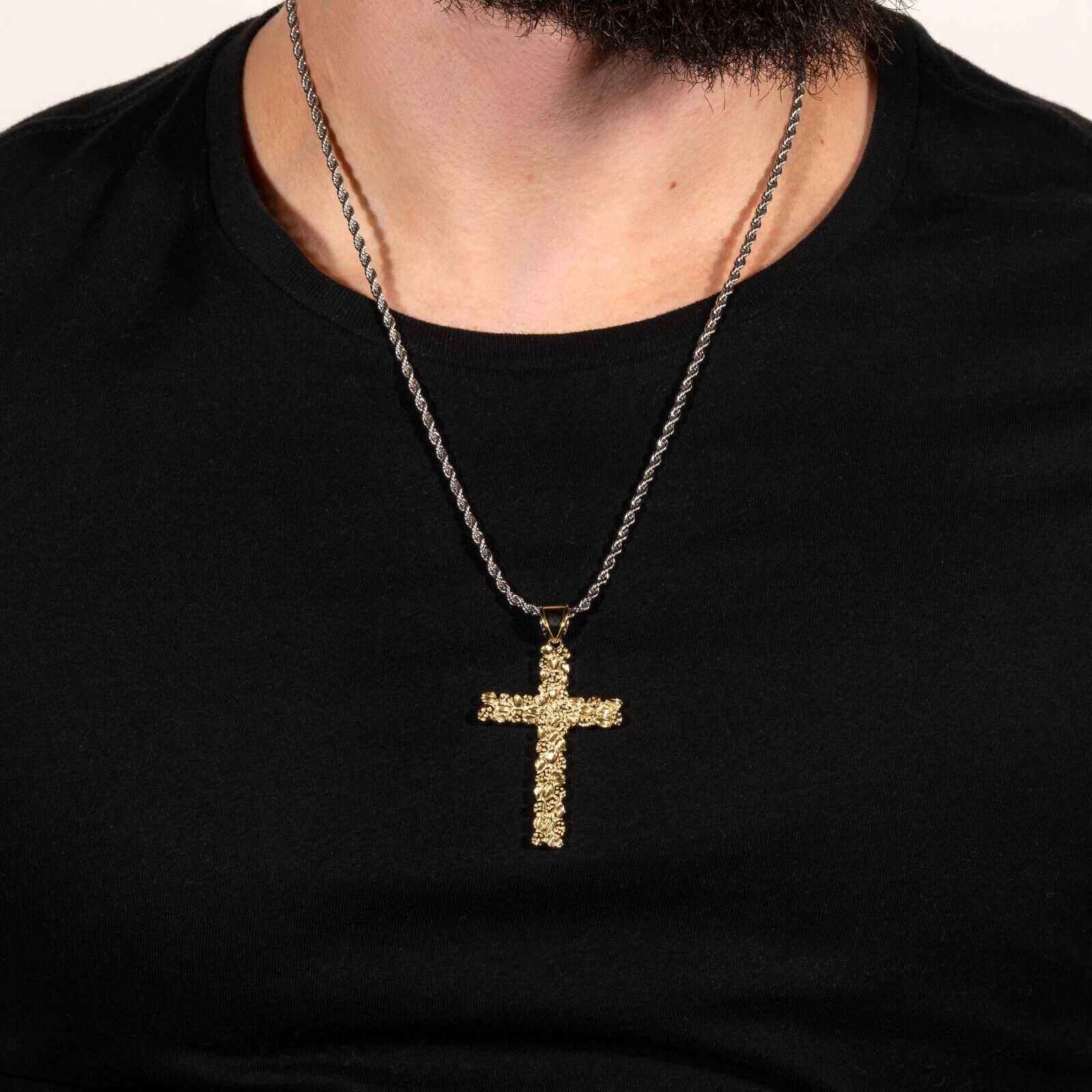 14K Gold Gold Nugget Cross Pendant 925 Sterling Silver