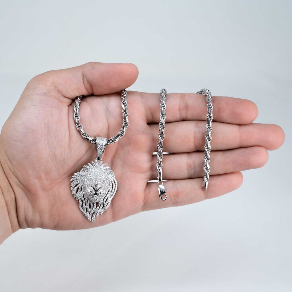 Mens 4ct Moissanite Lion Head Pendant with 4mm Rope Chain 925 Silver Necklace