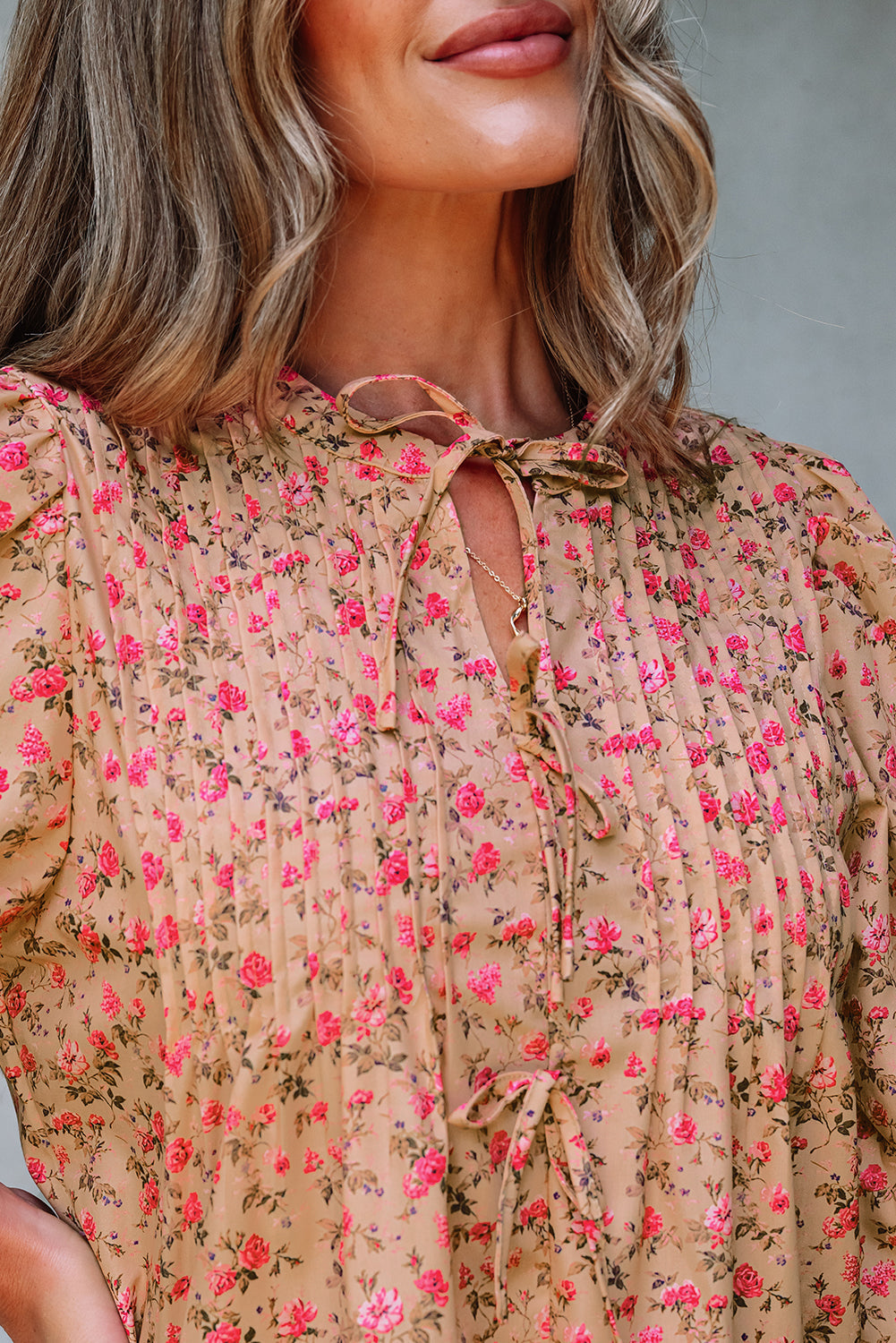 Sadie Floral Bow Pin-tuck Bust Half Puff Sleeve Blouse