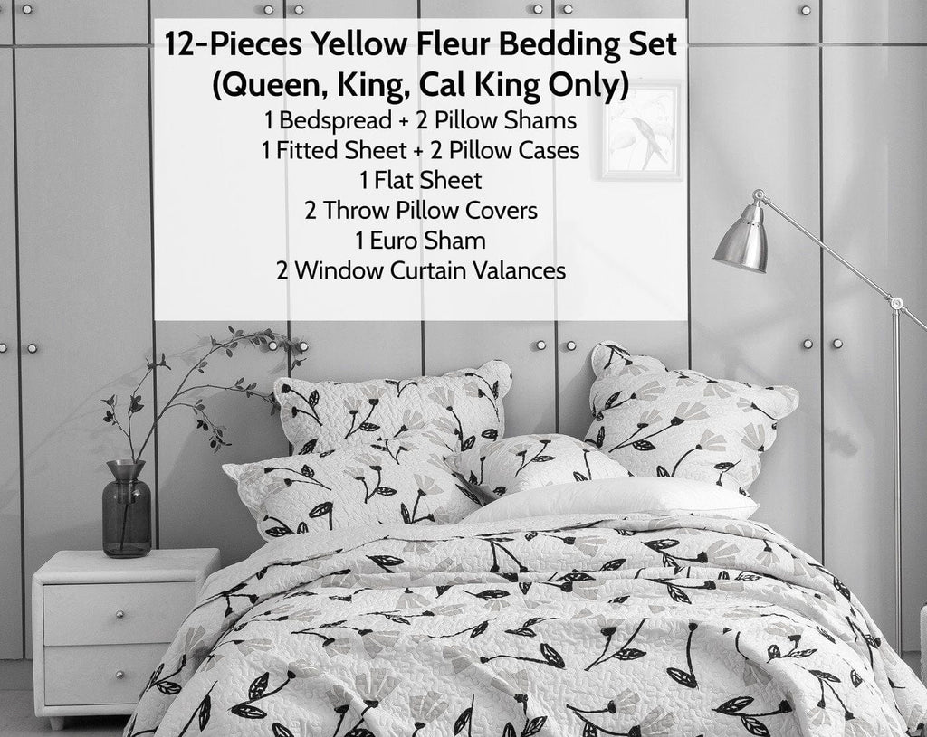 DaDa Bed in a Bag Bundle Set - Yellow Fleur Botanical Ivory Tan Floral Bedding Set (18112)