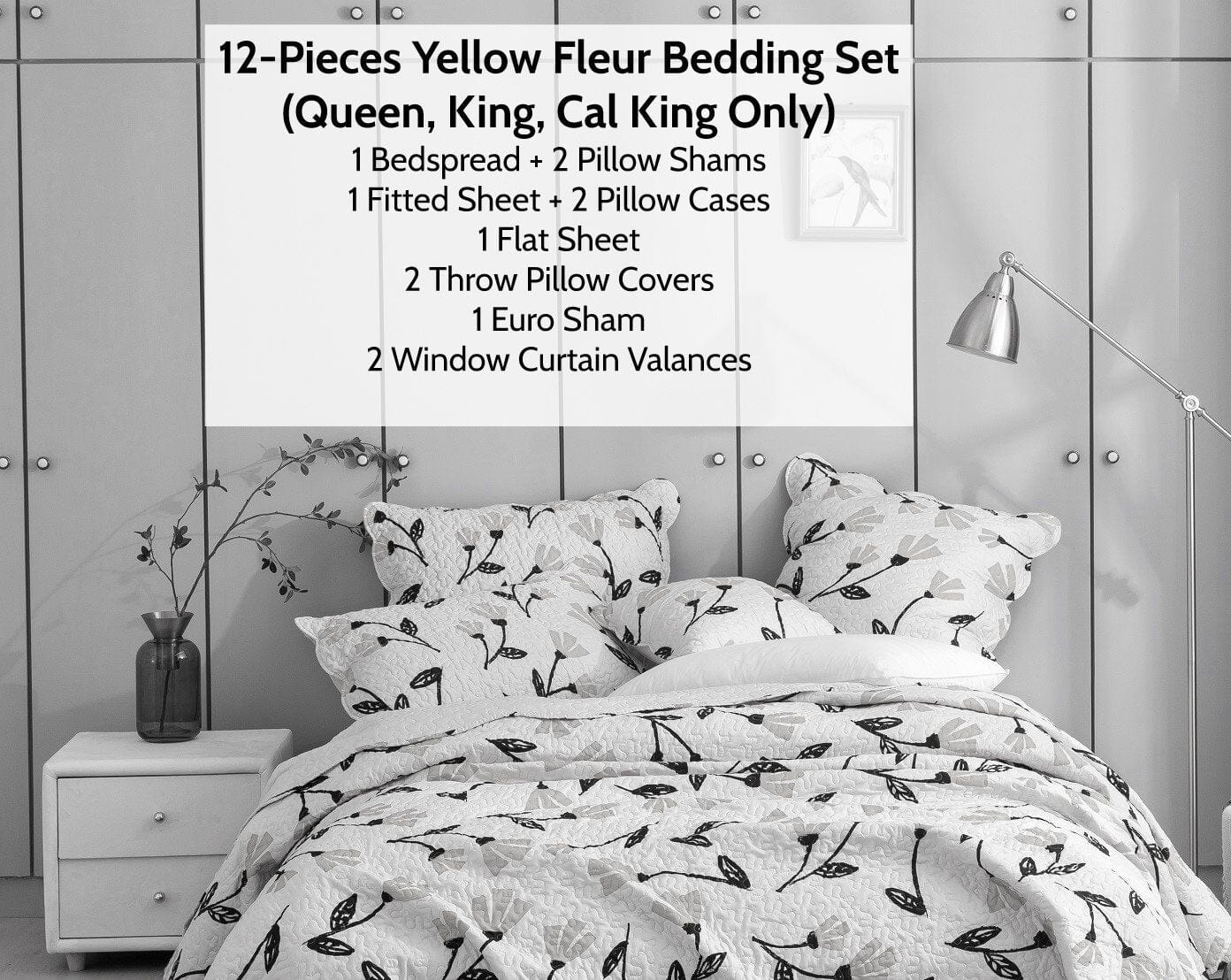 DaDa Bed in a Bag Bundle Set - Yellow Fleur Botanical Ivory Tan Floral Bedding Set (18112)