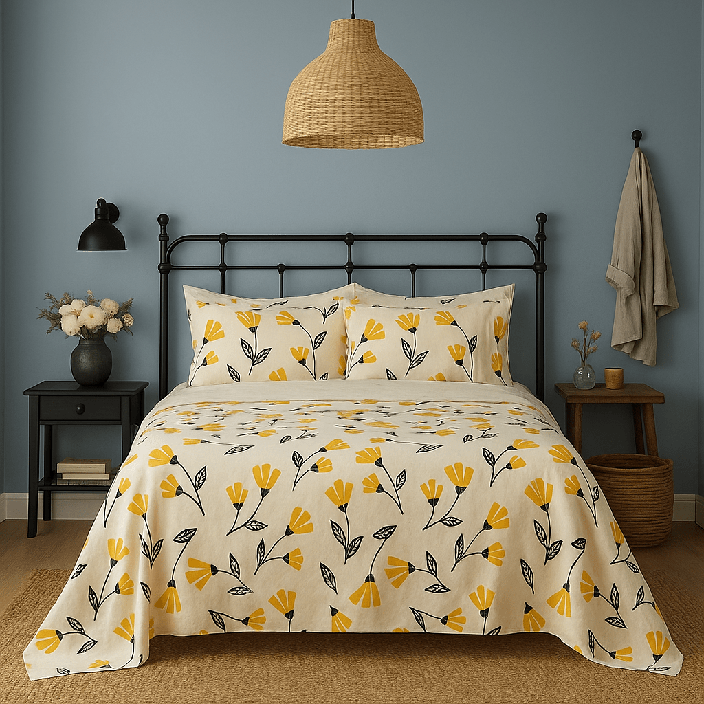 DaDa Bedding Yellow Fleur Golden Orange Floral Ivory Fitted & Flat Bed Sheets Set (18112)