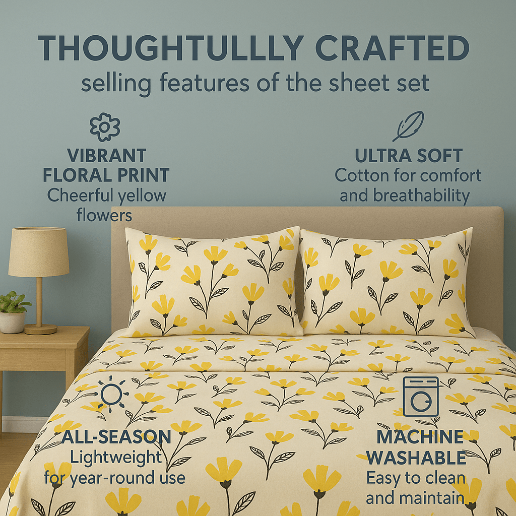 DaDa Bedding Yellow Fleur Golden Orange Floral Ivory Fitted & Flat Bed Sheets Set (18112)