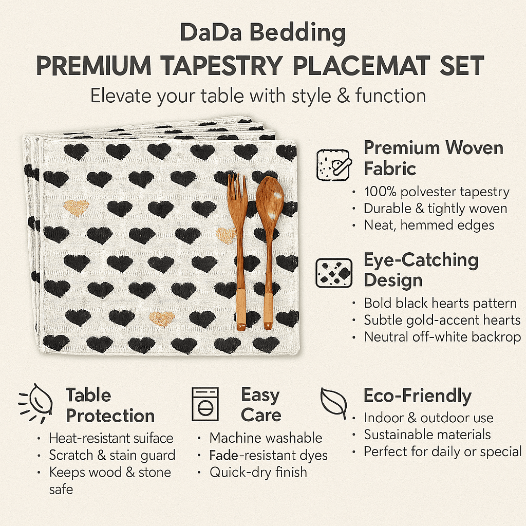 DaDa Bedding Set of 4-Pieces Lovely Yellow & Black Hearts Tapestry Dining Table Placemats 13” x 19” (18113)