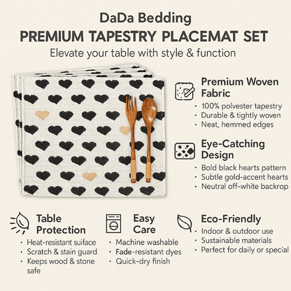 DaDa Bedding Set of 4-Pieces Lovely Yellow & Black Hearts Tapestry Dining Table Placemats 13” x 19” (18113)