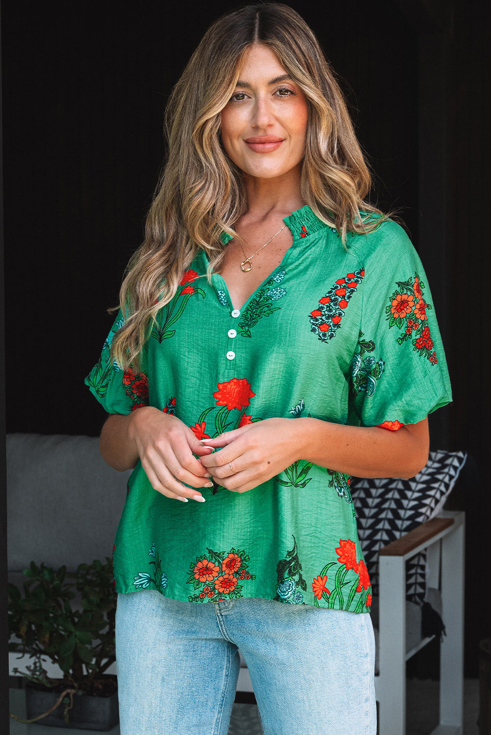 Penelope Floral Buttoned V Neck Short Sleeve Blouse
