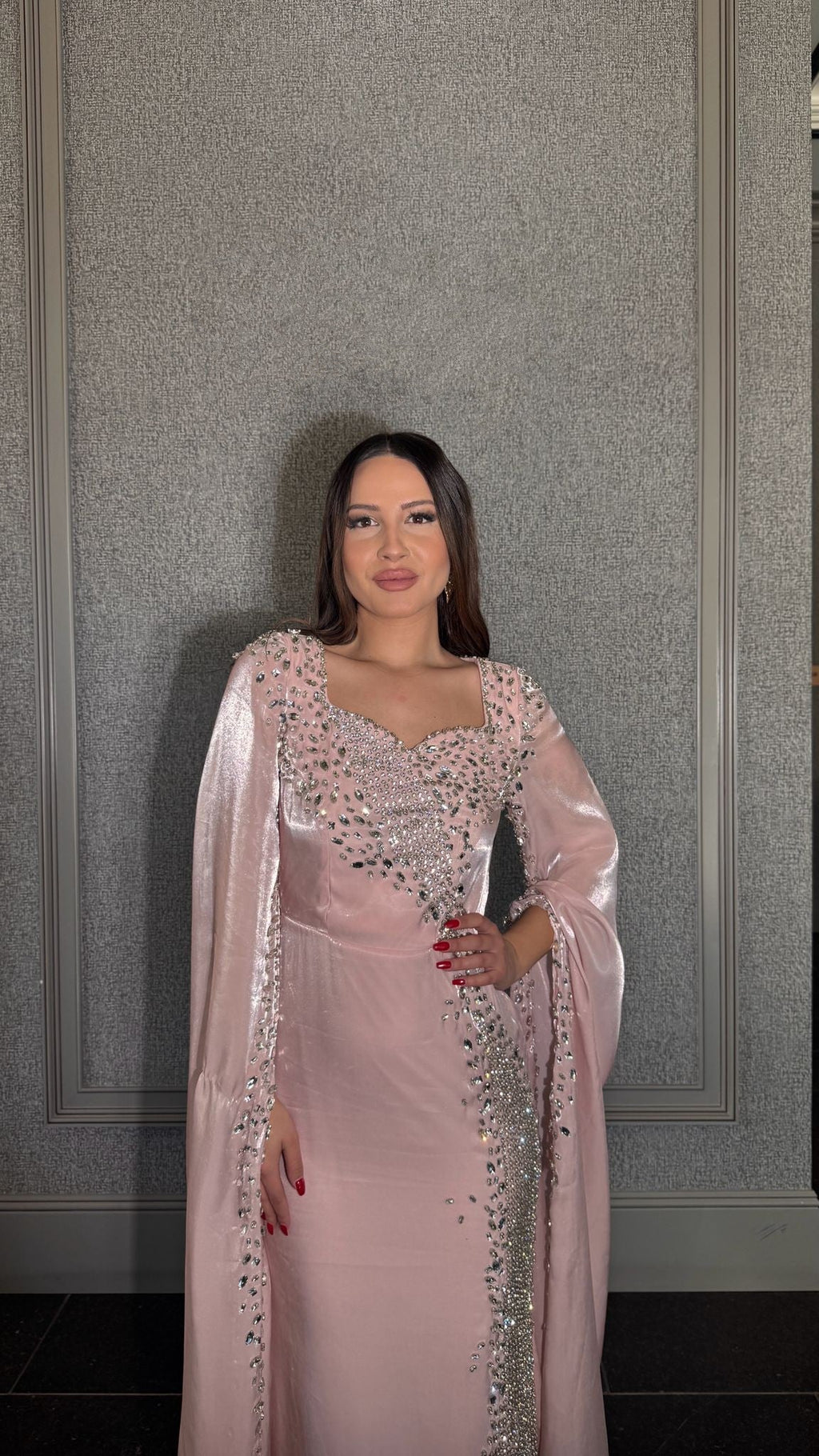 Munira Long Sleeve Organza Drape Sleeve Modest Dress