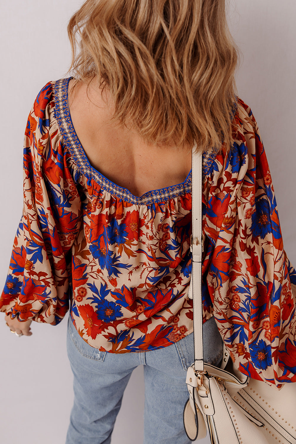 Adeline Floral Print Square Neck Backless Loose Fit Blouse