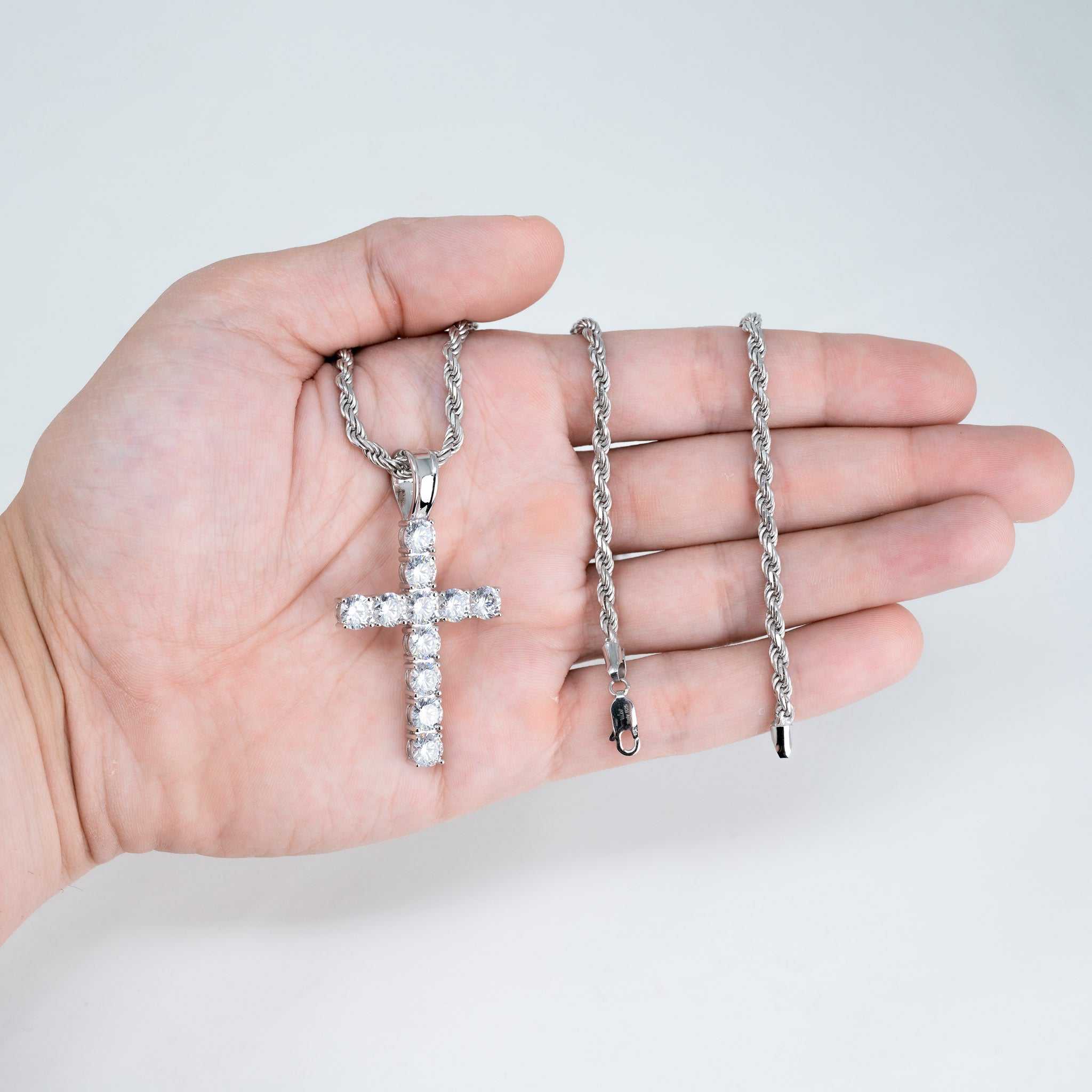 Mens 2 inch Cross Tennis Iced CZ Pendant w/ Rope Chain 925 Silver Necklace