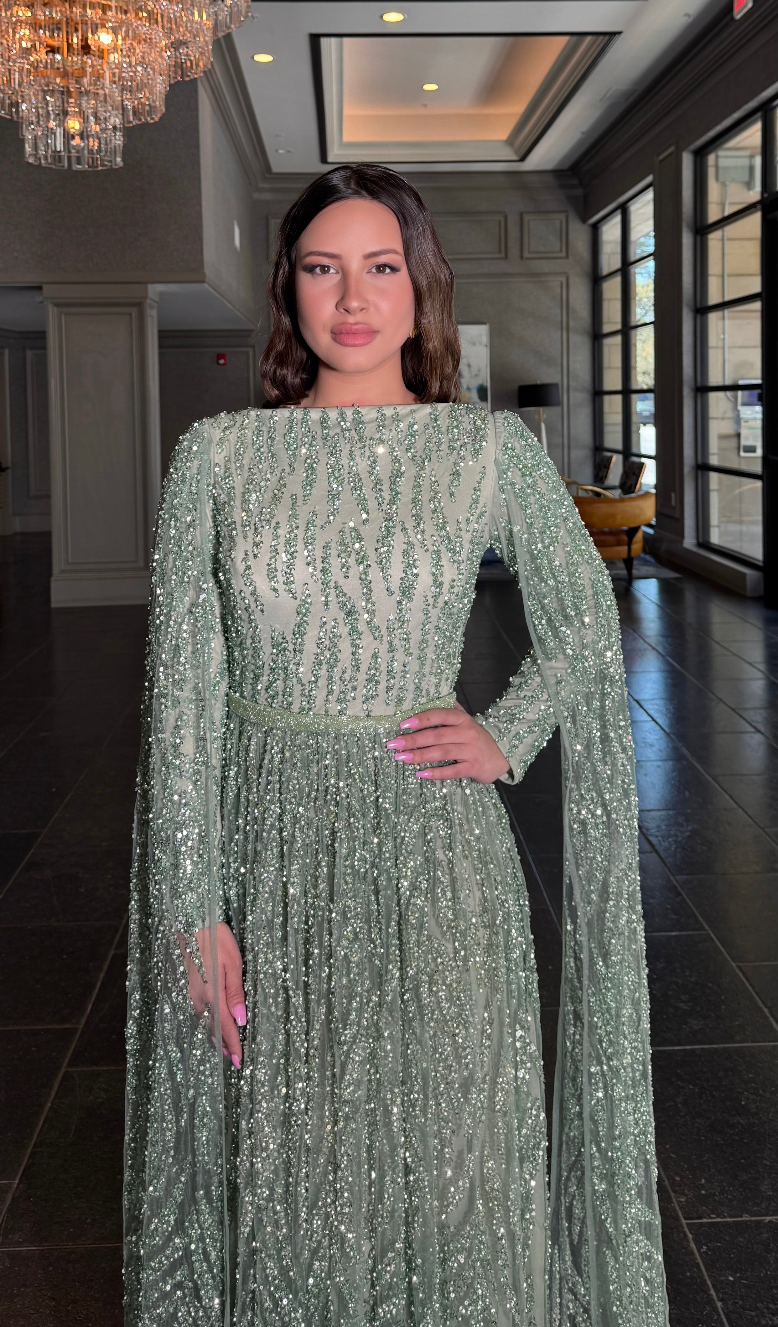 Nilah Modest A-Line Embellished Cape Sleeve Dress