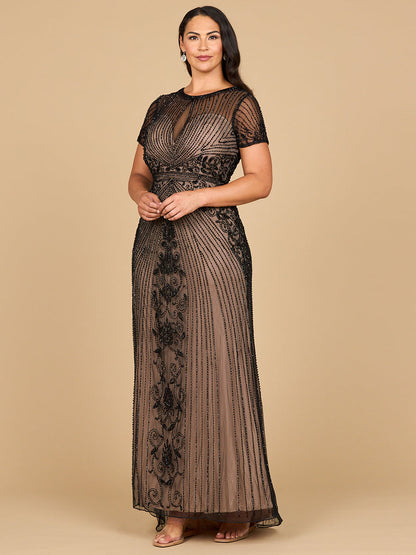 Lara 28869 - Beaded Cap Sleeve Illusion Plunge Gown