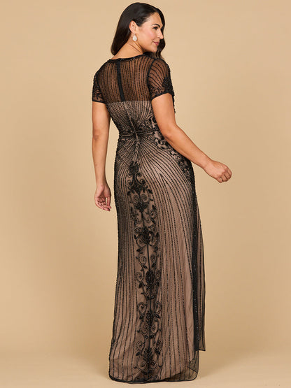 Lara 28869 - Beaded Cap Sleeve Illusion Plunge Gown
