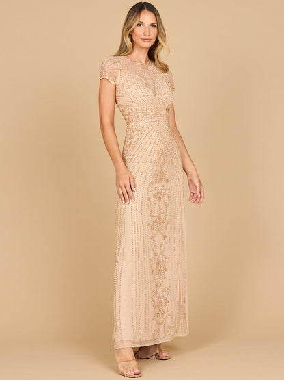 Lara 28869 - Beaded Cap Sleeve Illusion Plunge Gown