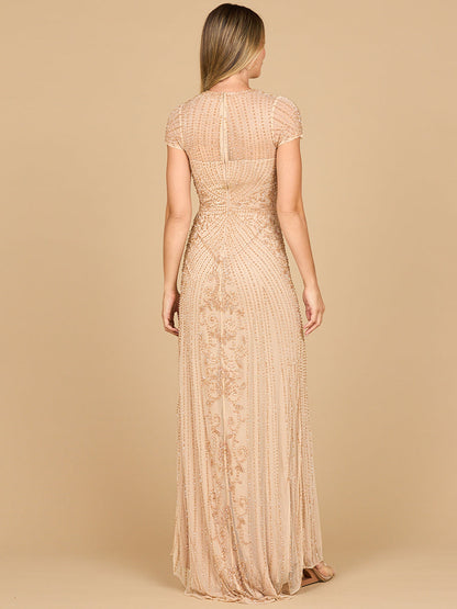 Lara 28869 - Beaded Cap Sleeve Illusion Plunge Gown