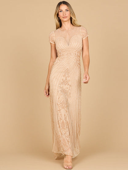 Lara 28869 - Beaded Cap Sleeve Illusion Plunge Gown