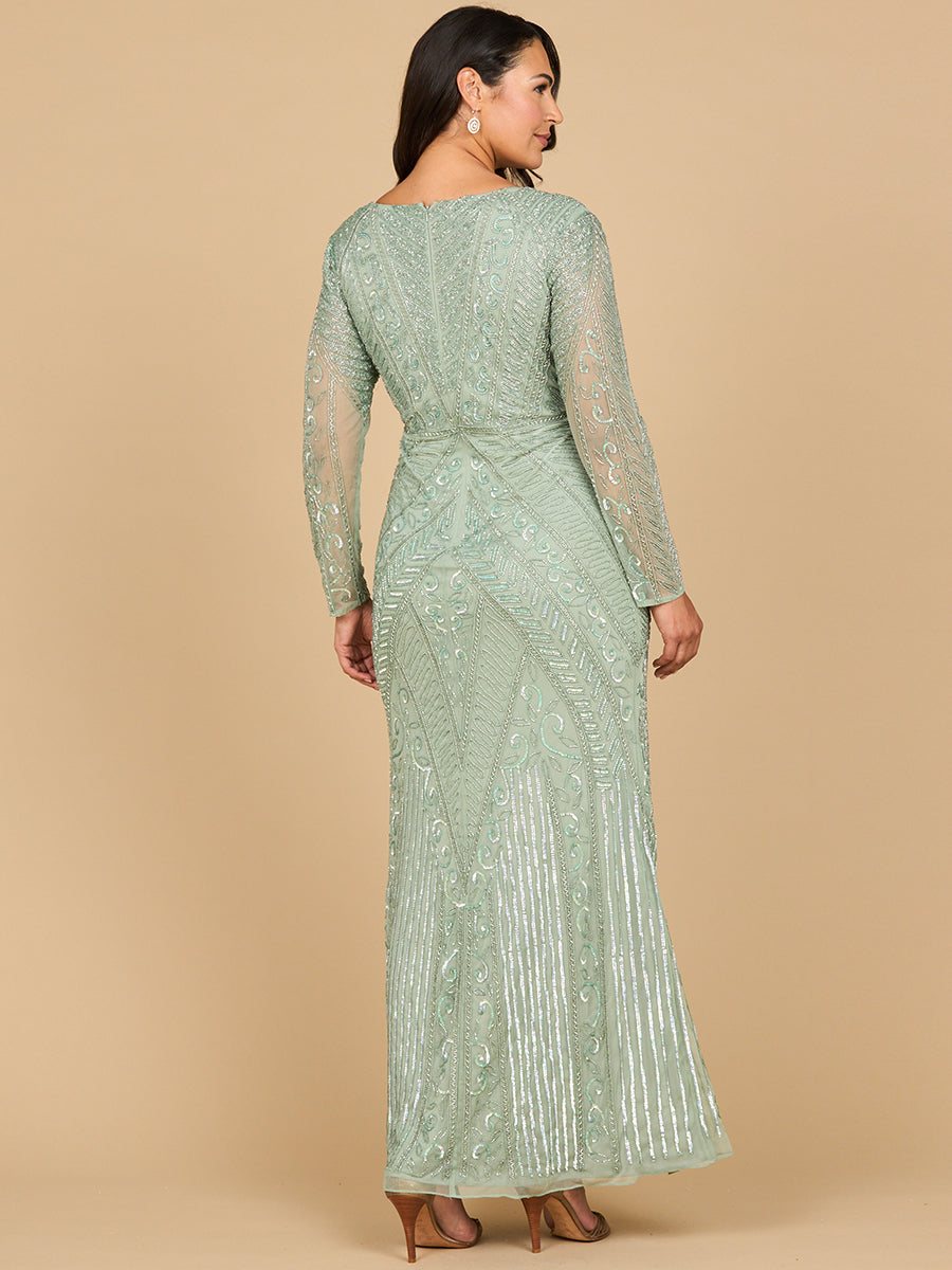 Lara 28875-  Long Sleeve Geometric Beaded Gown