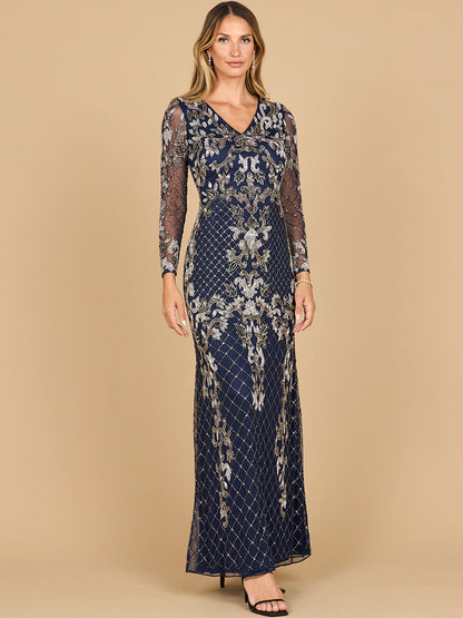 Lara 28877-  Long Sleeve Contrast Beaded Gown