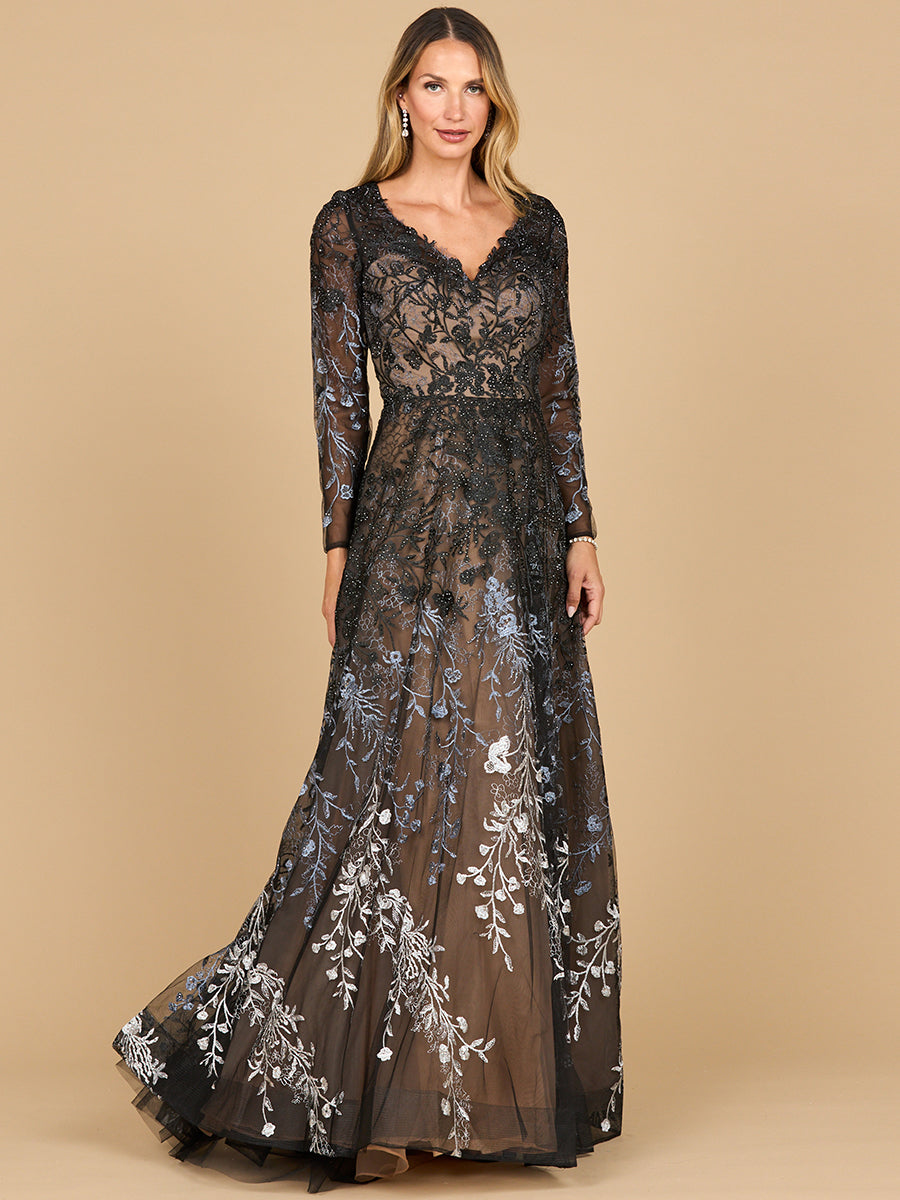 Lara 28878- Long Sleeve V-Neck Ombre Lace Gown