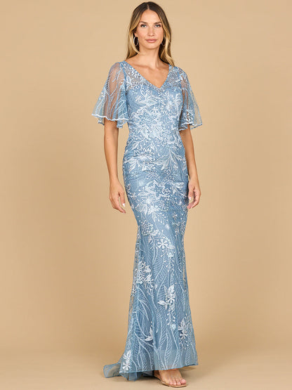 Lara 28880- Overskirt Lace Fitted V-Neck Gown with Cape Sleeves