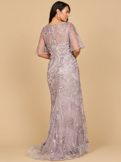 Lara 28880- Overskirt Lace Fitted V-Neck Gown with Cape Sleeves