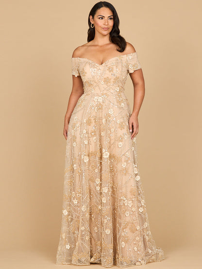Lara 28882- Off Shoulder A-Line Floral Gown