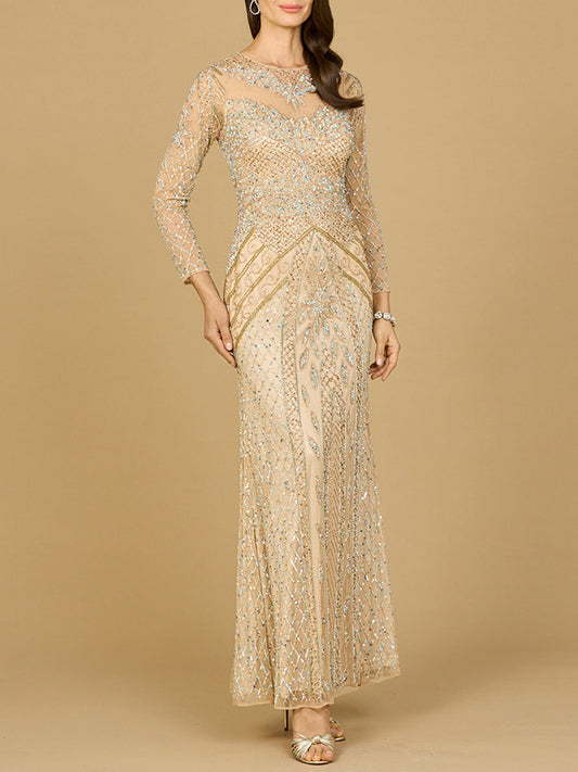 Illusion Neck, Long Sleeve Beaded Gown