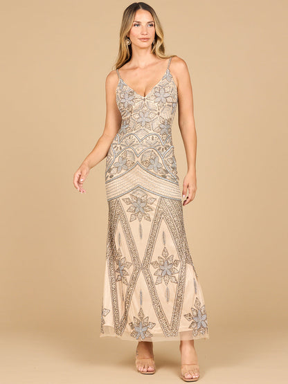Contrast Beaded V-Neck Fitted Gown