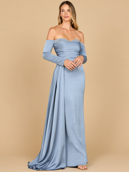Lara 28936 - Off Shoulder Satin Dress with Beaded Details
