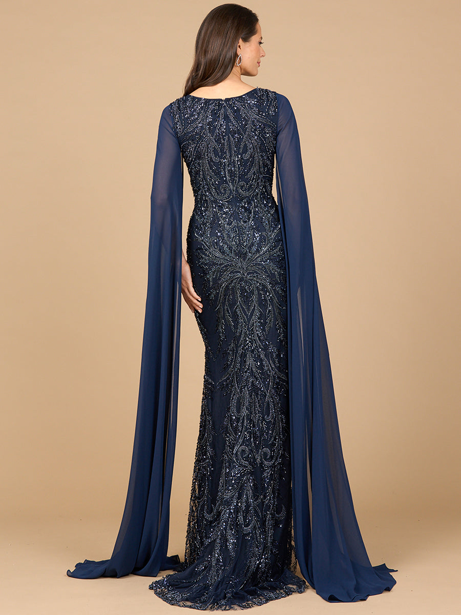 High Neck Gown with Chiffon Cape Sleeves