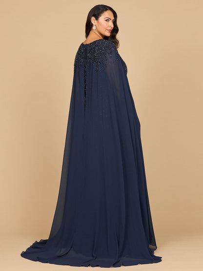Lara 28943- Chiffon A-line Long Gown with Long Cape Sleeves