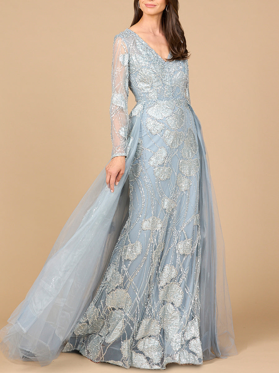Long Sleeve Lace Gown with Overskirt