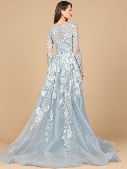 Long Sleeve Lace Gown with Overskirt