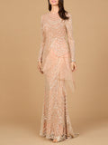 Beaded Long Sleeve Gown with Tulle Applique