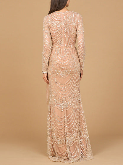 Beaded Long Sleeve Gown with Tulle Applique
