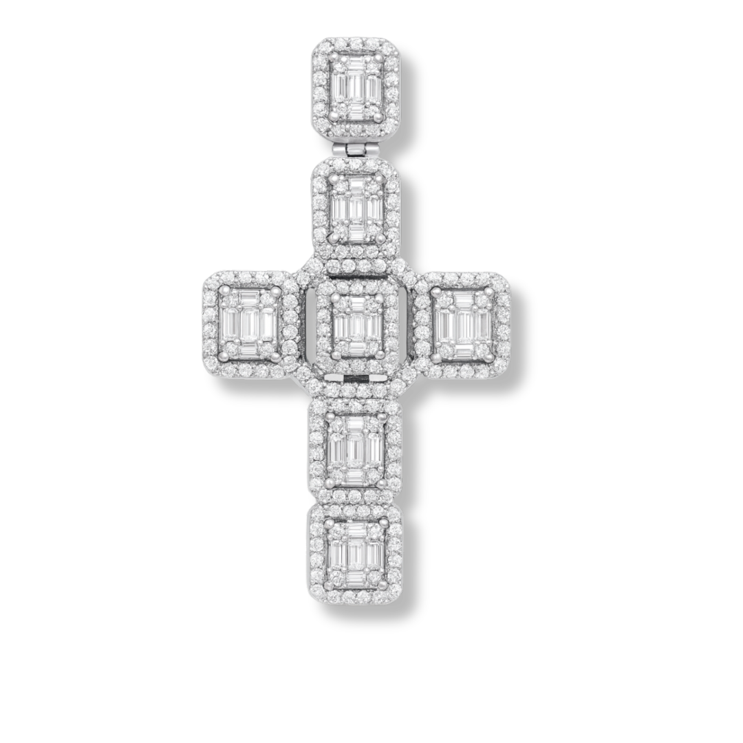 Men's 2" Large Baguette Cross Pendant CZ Solid Real 925 Sterling Silver