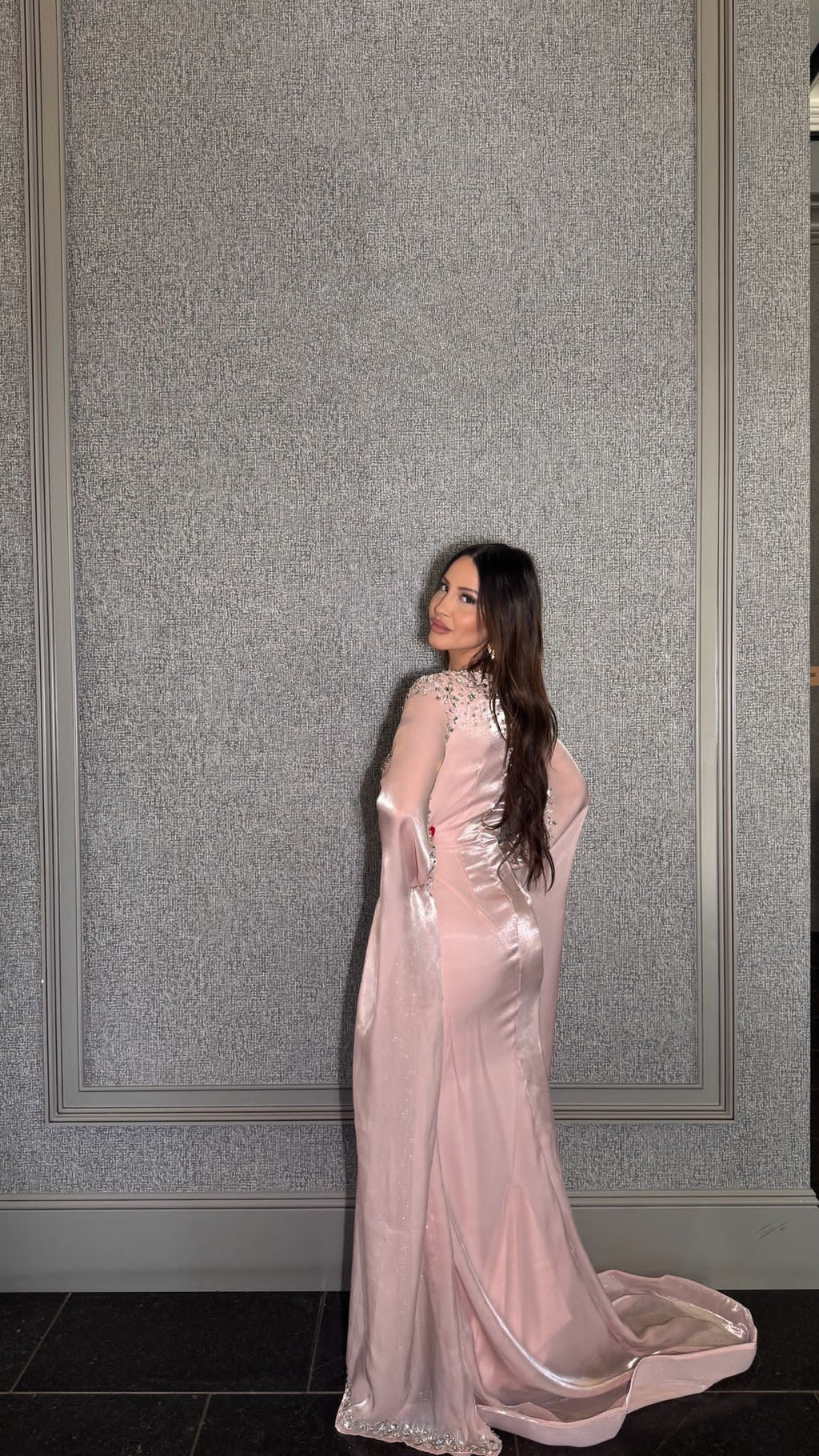 Munira Long Sleeve Organza Drape Sleeve Modest Dress